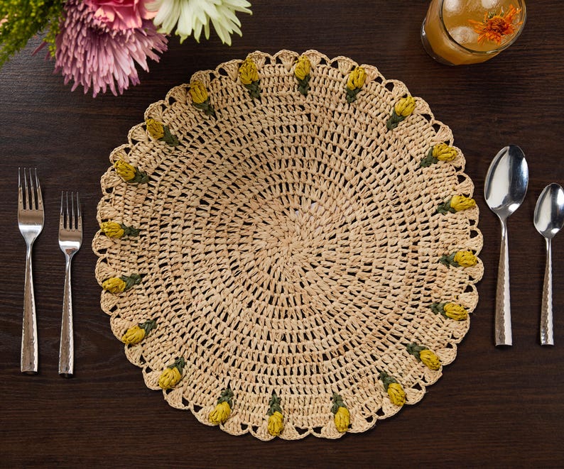 Handmade Tulip Placemat Raffia Crochet Floral Boho Dining Table Mat