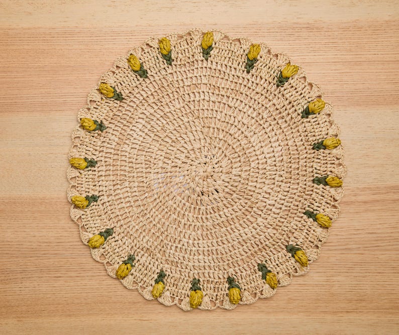 Handmade Tulip Placemat Raffia Crochet Floral Boho Dining Table Mat