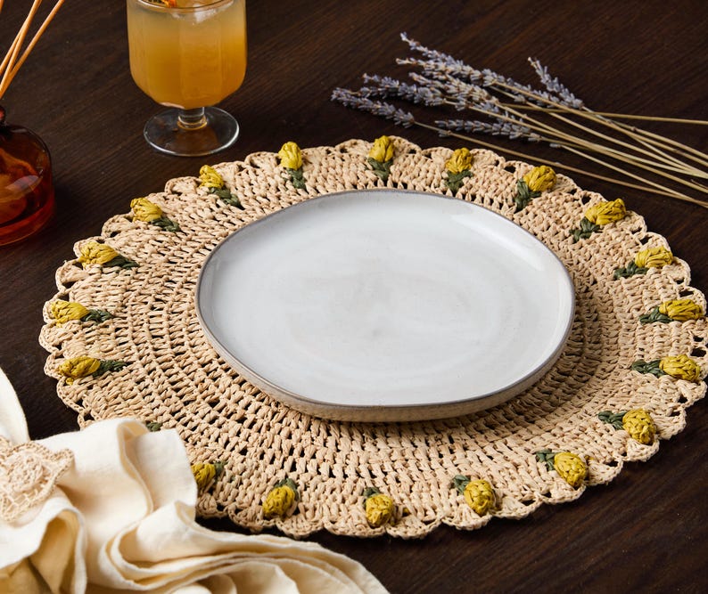 Handmade Tulip Placemat Raffia Crochet Floral Boho Dining Table Mat