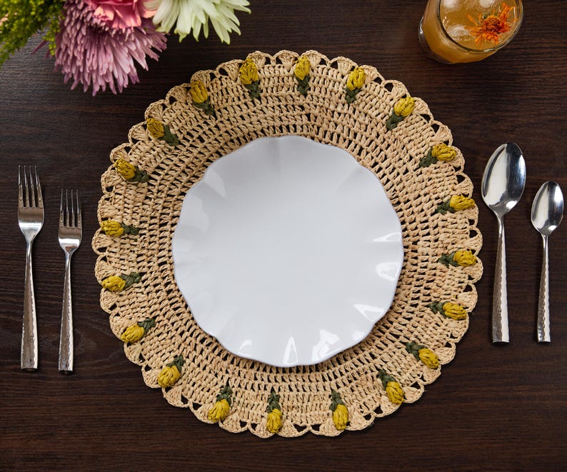 Handmade Tulip Placemat Raffia Crochet Floral Boho Dining Table Mat