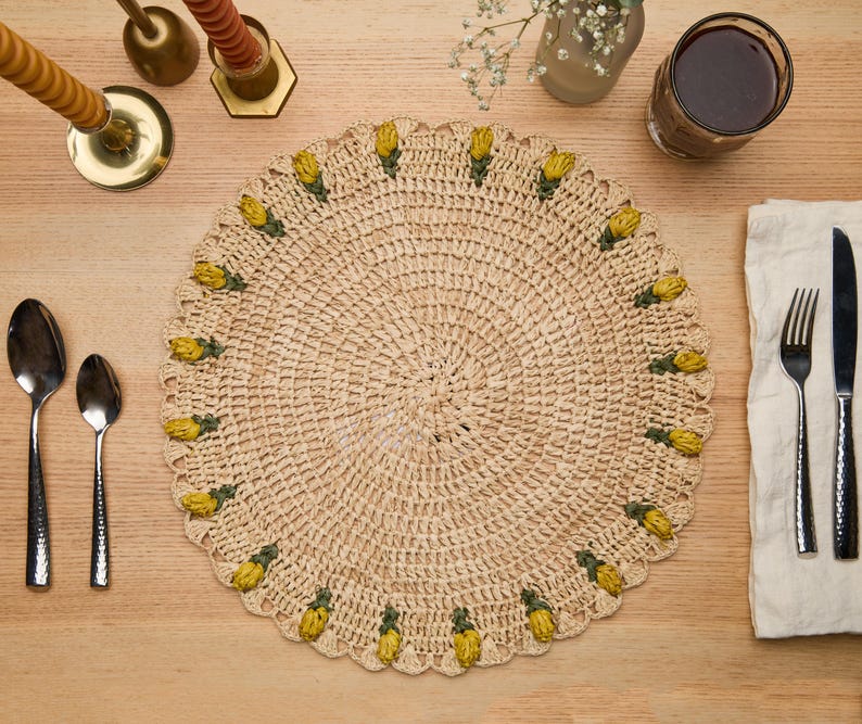 Handmade Tulip Placemat Raffia Crochet Floral Boho Dining Table Mat