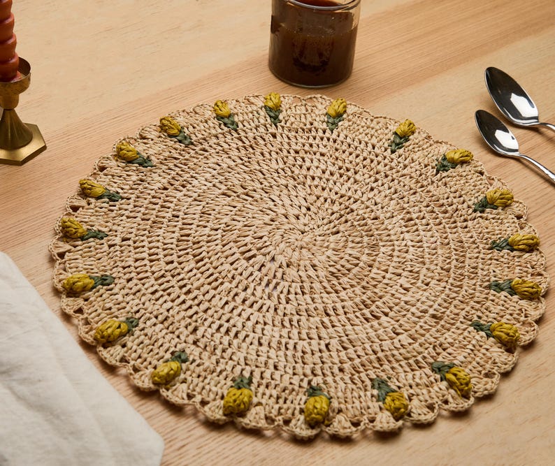 Handmade Tulip Placemat Raffia Crochet Floral Boho Dining Table Mat