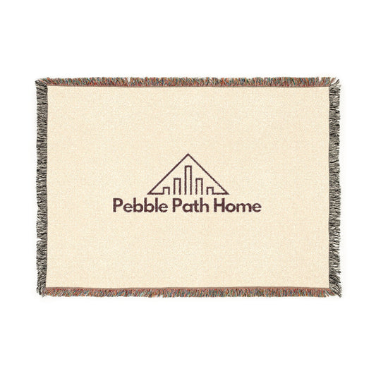 Pebble Path Home Woven Blanket — Cozy Neutral Throw with Logo