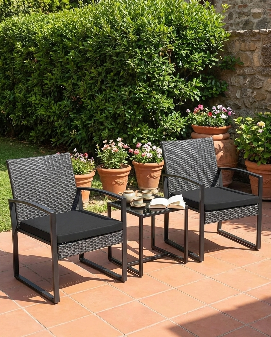 3-Piece Outdoor Patio Furniture Set – Wicker Chairs with Cushions+ Bar Table