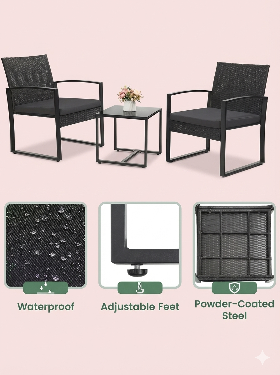 3-Piece Outdoor Patio Furniture Set – Wicker Chairs with Cushions+ Bar Table