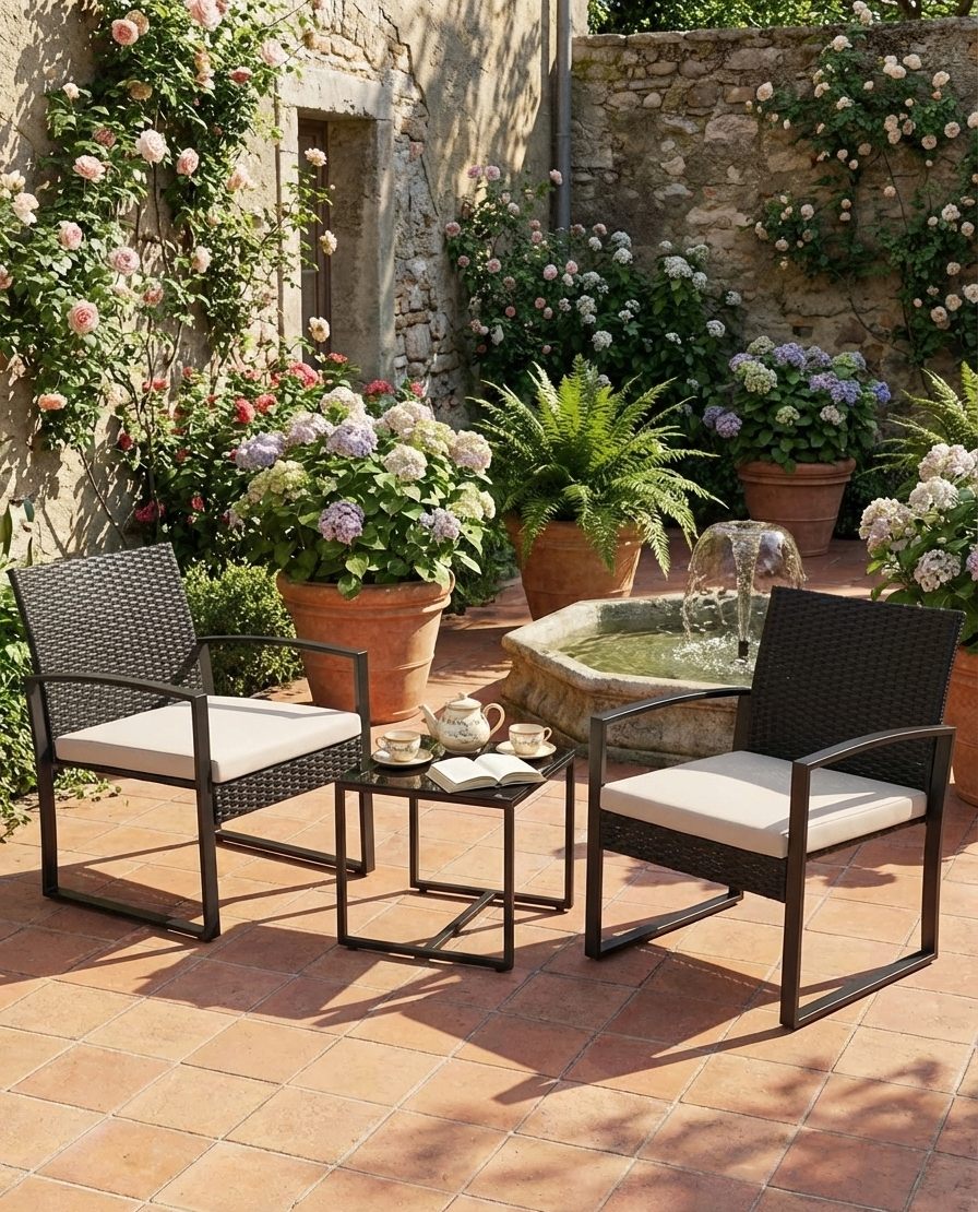 3-Piece Outdoor Patio Furniture Set – Wicker Chairs with Cushions+ Bar Table