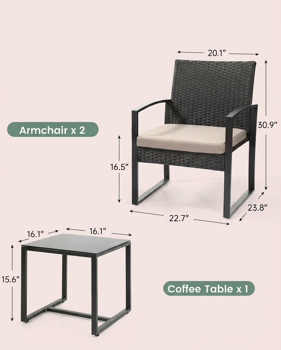 3-Piece Outdoor Patio Furniture Set – Wicker Chairs with Cushions+ Bar Table