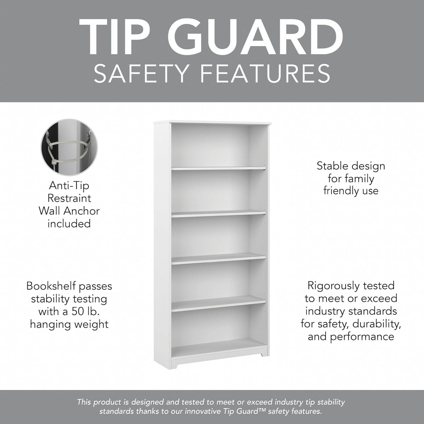 Bush Cabot White Tall Five Shelf Bookcase Unit With Adjustable Shelves