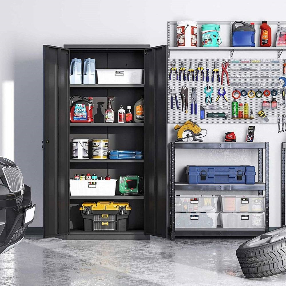 Black Steel Lockable Storage Cabinet with 4 Adjustable Shelves