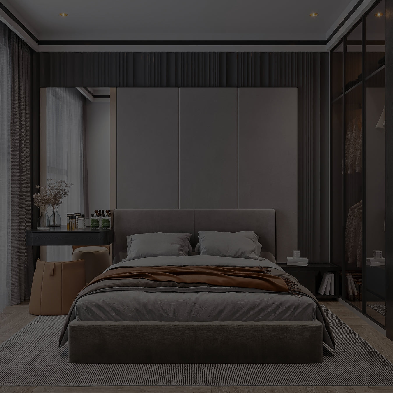 Modern bedroom with a bed, side tables, and decor in a dark-themed setting.