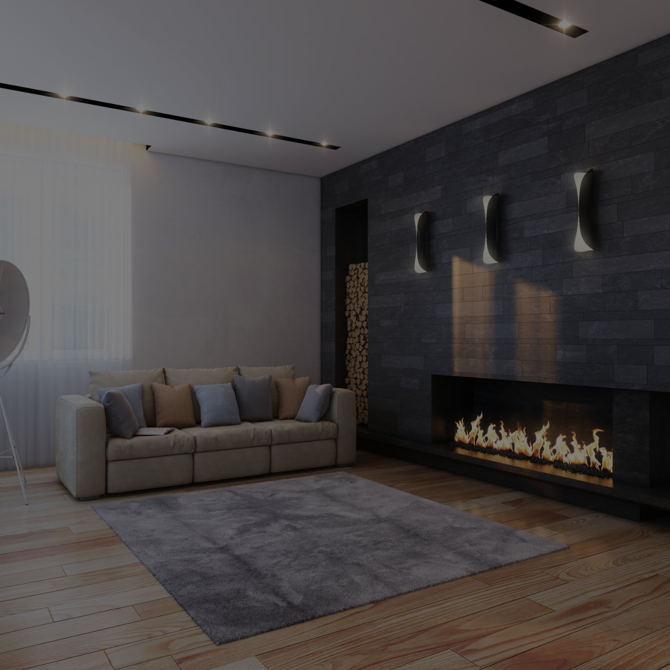 Modern living room with a fireplace, sofa, and decorative elements.