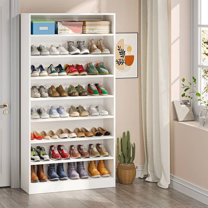 Modern 8 Shelf Shoe Rack White Wood Closet Storage Organizer