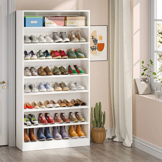 Modern 8 Shelf Shoe Rack White Wood Closet Storage Organizer