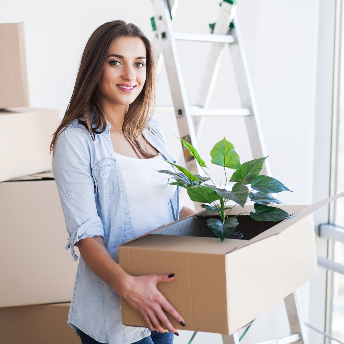 Smiling woman carrying cardboard box with green plant while moving