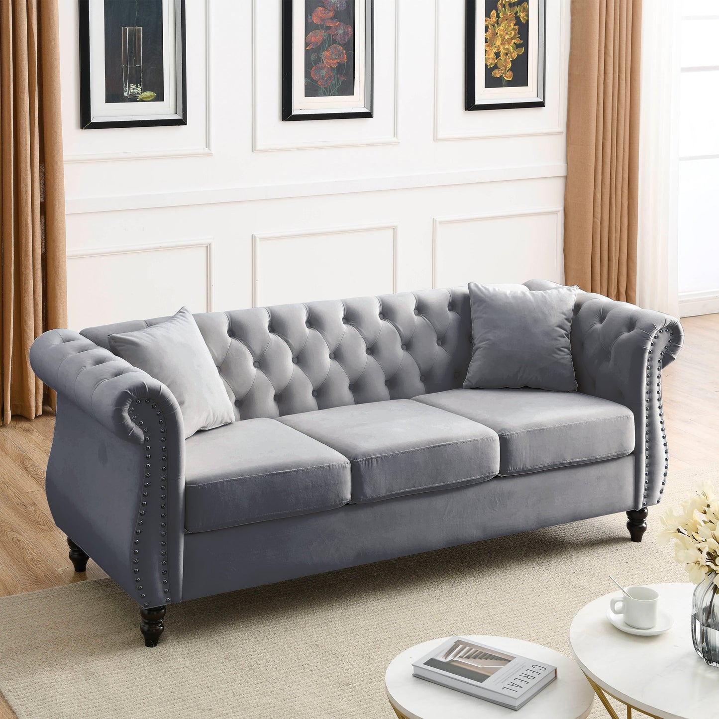 80" Grey Velvet Chesterfield Sofa