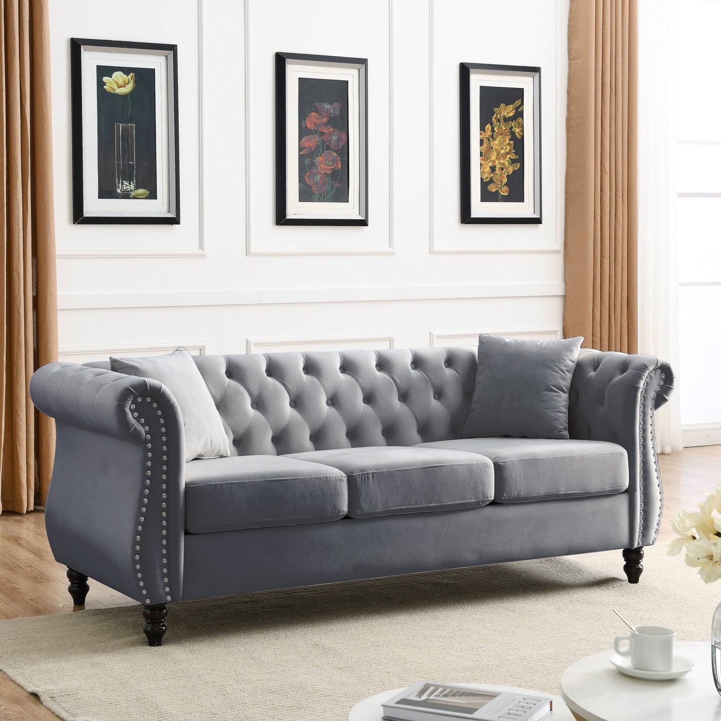 80" Grey Velvet Chesterfield Sofa