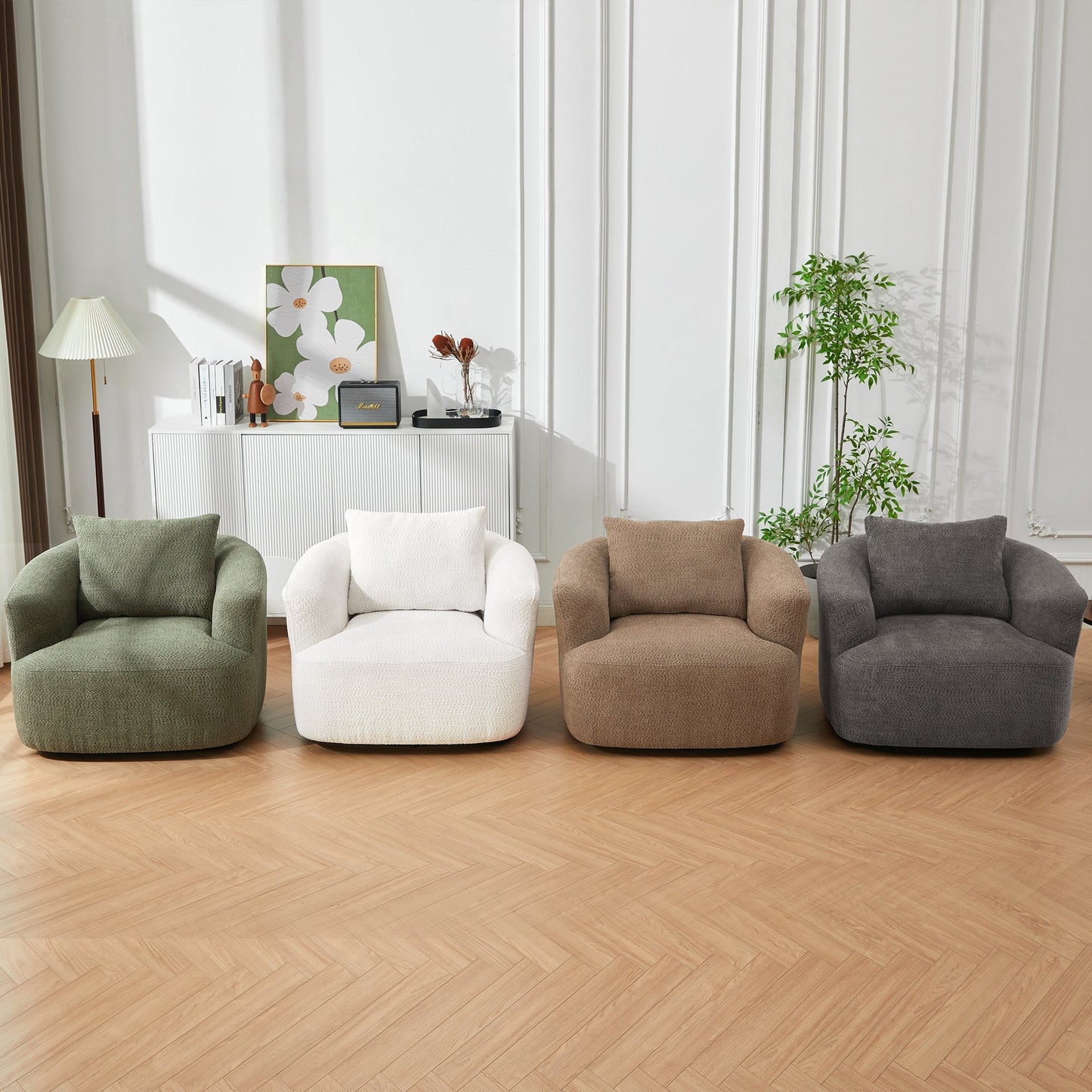 Chenille Upholstered 360° Swivel Chair with Throw Pillow, Dark Brown