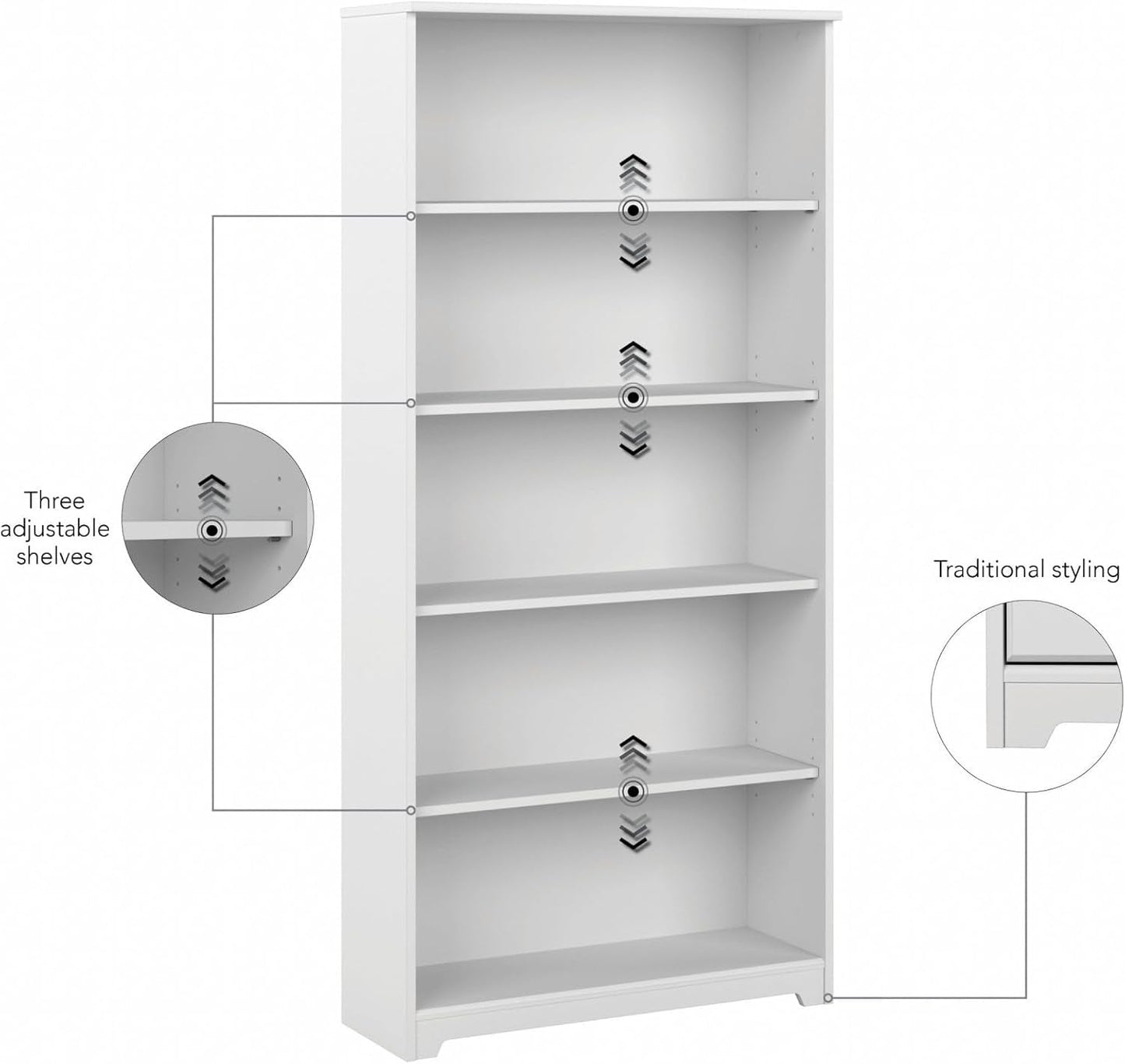 Bush Cabot White Tall Five Shelf Bookcase Unit With Adjustable Shelves
