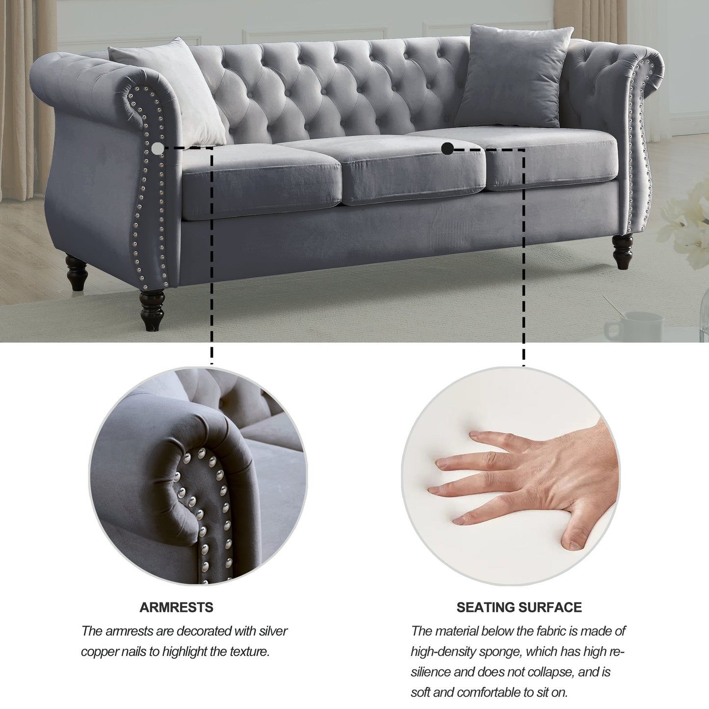 80" Grey Velvet Chesterfield Sofa